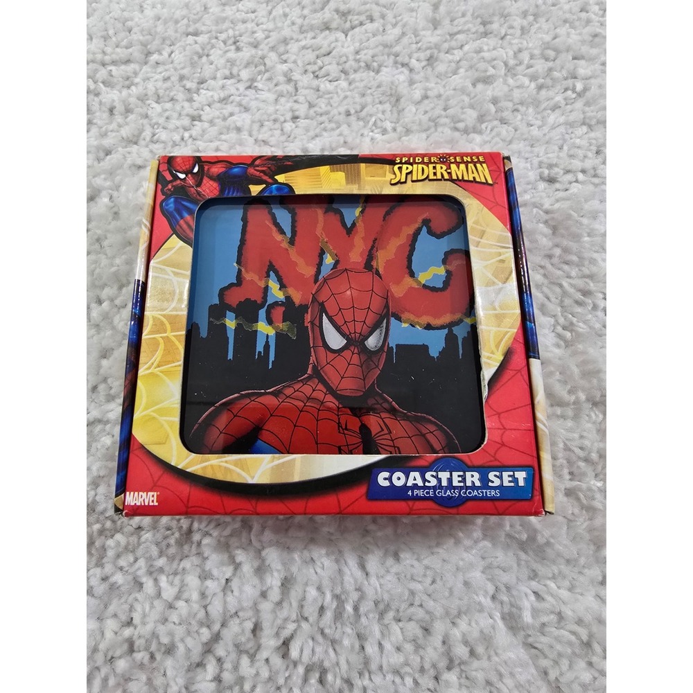 Marvel Spider-Man NYC Glass Coaster Set 4 Piece Silver Buffalo 2010 SS0352CS1